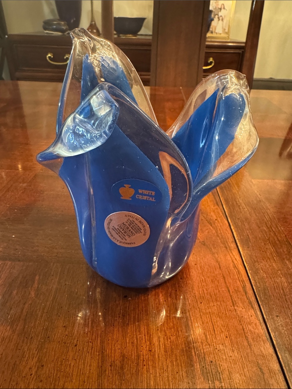 Murano Italy Glass Art Bowl Blue and Clear  Floral Flower 3 Petals
